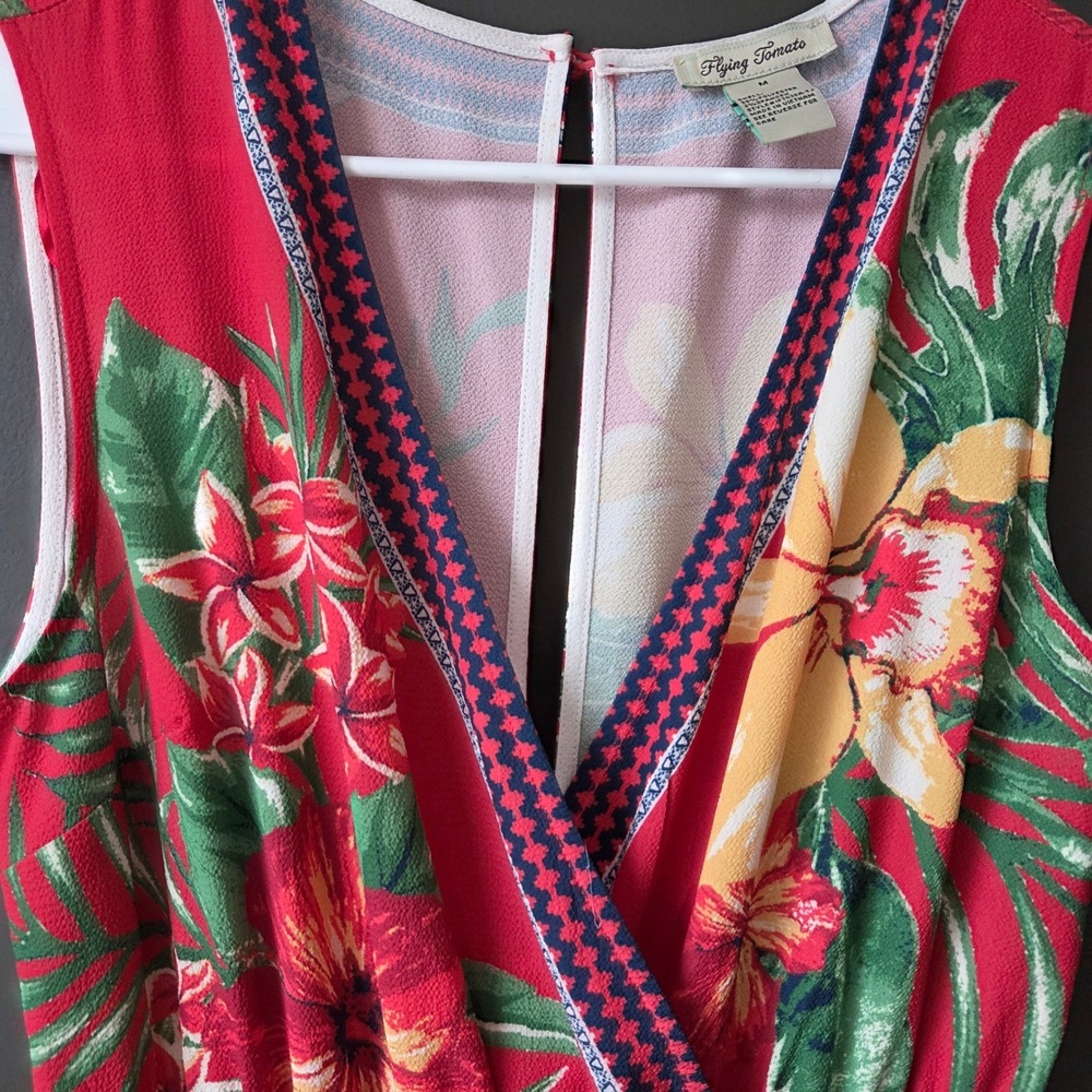 Flying Tomato Red Tropical Floral Wide Leg Jumpsuit V-Neck Boho Medium - Picture 4 of 11
